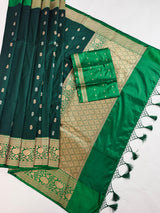 Bottle Green Pure Katan Silk Saree with Green Color Border and Pallu | Pure Silk Sarees | SILK MARK CERTIFIED