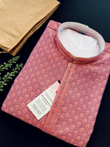Coral Peach Color with undertone of Purple Kurta with Self Embroidery and Tiny Zari Buttis | Designer Kurta Pajama Set for Men