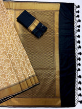 Off White with Black Traditional Banarasi Silk Handloom Saree with Muted Gold Antique Zari Weave | Floral Jaal Weaved