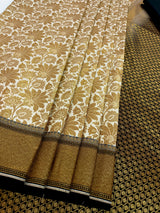 Off White with Black Traditional Banarasi Silk Handloom Saree with Muted Gold Antique Zari Weave | Floral Jaal Weaved
