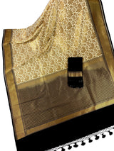 Off White with Black Traditional Banarasi Silk Handloom Saree with Muted Gold Antique Zari Weave | Floral Jaal Weaved