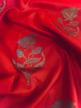 Tomato Red Saree with Antique Zari Weaving and Meenakari Work Floral bunches with Temple Borders | Handloom Sarees | Banarasi Silk Sarees