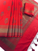 Tomato Red Saree with Antique Zari Weaving and Meenakari Work Floral bunches with Temple Borders | Handloom Sarees | Banarasi Silk Sarees