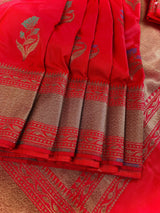 Tomato Red Saree with Antique Zari Weaving and Meenakari Work Floral bunches with Temple Borders | Handloom Sarees | Banarasi Silk Sarees