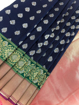 Statement Handmade Blue Color Banarasi Soft Silk Handloom Saree with Green and Pink Border and Pallu | Ships from California