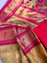 Statement Gold and Pink Paithani Banarasi Soft Silk Saree with Gold Zari Weave | Banarasi Soft Saree | Paithani Sarees
