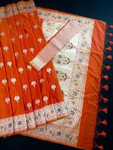 Orange Color Paithani Mashru Silk Saree with Meenakari Work with Sliver and Gold Zari Weave | Mashru Silk Sarees | Paithani Sarees