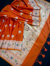 Orange Color Paithani Mashru Silk Saree with Meenakari Work with Sliver and Gold Zari Weave | Mashru Silk Sarees | Paithani Sarees