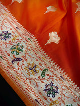 Orange Color Paithani Mashru Silk Saree with Meenakari Work with Sliver and Gold Zari Weave | Mashru Silk Sarees | Paithani Sarees