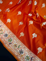 Orange Color Paithani Mashru Silk Saree with Meenakari Work with Sliver and Gold Zari Weave | Mashru Silk Sarees | Paithani Sarees