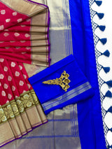 Statement Handmade Deep Magenta Pink Color Banarasi Soft Silk Handloom Saree with Green, Purple and Blue Border and Pallu