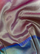 Statement Handmade Deep Magenta Pink Color Banarasi Soft Silk Handloom Saree with Green, Purple and Blue Border and Pallu