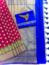 Statement Handmade Deep Magenta Pink Color Banarasi Soft Silk Handloom Saree with Green, Purple and Blue Border and Pallu