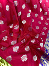 Statement Handmade Deep Magenta Pink Color Banarasi Soft Silk Handloom Saree with Green, Purple and Blue Border and Pallu