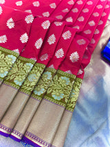Statement Handmade Deep Magenta Pink Color Banarasi Soft Silk Handloom Saree with Green, Purple and Blue Border and Pallu