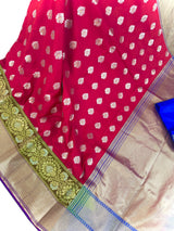Statement Handmade Deep Magenta Pink Color Banarasi Soft Silk Handloom Saree with Green, Purple and Blue Border and Pallu