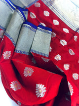 Statement Handmade Red Color Banarasi Soft Silk Handloom Saree with Green, Purple and Blue Border and Pallu