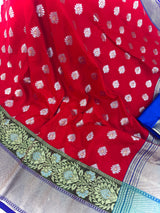 Statement Handmade Red Color Banarasi Soft Silk Handloom Saree with Green, Purple and Blue Border and Pallu