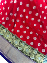 Statement Handmade Red Color Banarasi Soft Silk Handloom Saree with Green, Purple and Blue Border and Pallu