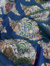 Dual tone Dull Peacock Blue Saree with Meenakari Floral Jaal Pattern with Muted Gold Zari | Banarasi Jaal Saree in dual tone