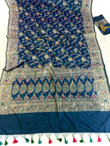 Dual tone Dull Peacock Blue Saree with Meenakari Floral Jaal Pattern with Muted Gold Zari | Banarasi Jaal Saree in dual tone