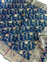 Dual tone Dull Peacock Blue Saree with Meenakari Floral Jaal Pattern with Muted Gold Zari | Banarasi Jaal Saree in dual tone