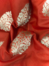 Statement Handmade Burnt Orange Color Banarasi Soft Katan Silk Saree with Floral Buttas with Mehandi Green and Blue Border and Pallu