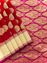 Red Banarasi Silk Saree with Floral buttas and Pink border and Pallu | Gold Zari Weave work | Ships from California