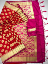 Red Banarasi Silk Saree with Floral buttas and Pink border and Pallu | Gold Zari Weave work | Ships from California