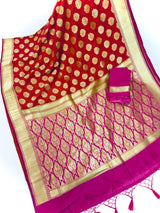 Red Banarasi Silk Saree with Floral buttas and Pink border and Pallu | Gold Zari Weave work | Ships from California