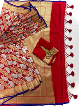 Grand Red Banarasi Silk Traditional Saree with Gold and Sliver Zari Weave | Banarasi Silk Sarees