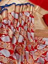 Grand Red Banarasi Silk Traditional Saree with Gold and Sliver Zari Weave | Banarasi Silk Sarees