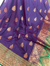 Purple and Green Soft Katan Silk Saree | Gold and Copper Zari Weave | Banarasi Sarees | Purple Color Saree | Wedding Party Wear Sarees