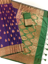 Purple and Green Soft Katan Silk Saree | Gold and Copper Zari Weave | Banarasi Sarees | Purple Color Saree | Wedding Party Wear Sarees