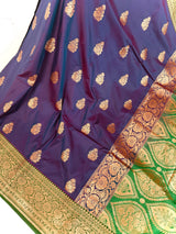 Purple and Green Soft Katan Silk Saree | Gold and Copper Zari Weave | Banarasi Sarees | Purple Color Saree | Wedding Party Wear Sarees