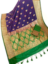 Purple and Green Soft Katan Silk Saree | Gold and Copper Zari Weave | Banarasi Sarees | Purple Color Saree | Wedding Party Wear Sarees