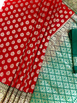 Red with Green combination Traditional Banarasi Handloom Saree in Banarasi Silk | Banarasi Silk Saree