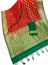 Red with Green combination Traditional Banarasi Handloom Saree in Banarasi Silk | Banarasi Silk Saree