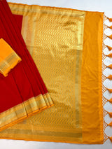 Red and Yellow Color Banarasi Tussar Silk Saree with Plain Body, Banarasi Borders and Gold Zari Weave