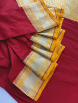 Red and Yellow Color Banarasi Tussar Silk Saree with Plain Body, Banarasi Borders and Gold Zari Weave