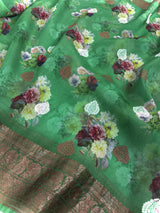 Green Pure Banarasi Kora Organza Handmade Saree with Antique and Sliver Zari | Light Weight Saree | Silk Mark Certified