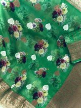 Green Pure Banarasi Kora Organza Handmade Saree with Antique and Sliver Zari | Light Weight Saree | Silk Mark Certified