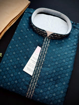 Dark Teal Color Party Wear Designer Men Kurta Set with tiny zari and Embossed Self Design in Soft Silk Material | Mens Wedding Ethnic Wear