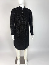 Black Velvet Wedding Party Wear Designer Men Kurta Set with tiny Sequin in black | Mens Wedding Ethnic Wear | Velvet Black Kurta for Men