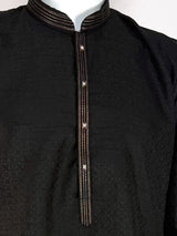 Black Color Raw Silk Men Kurta Pajama with Self Design material with Self Weave Pattern | Men Ethnic Wear | Wedding Wear Kurta
