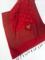 Red Color Dupion Soft Silk Saree with Antique Zari Weave | Ships from California