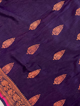 Handmade Eggplant Purple Color Saree in Linen Jamdani Saree with Copper Zari Weave