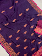 Handmade Eggplant Purple Color Saree in Linen Jamdani Saree with Copper Zari Weave