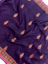 Handmade Eggplant Purple Color Saree in Linen Jamdani Saree with Copper Zari Weave
