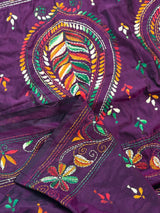 Burgundy Color Kantha Stitch Saree | Bangalori Silk Saree | Handwoven Kantha Stitch Saree | Multi Color Kantha Stitch Silk Saree